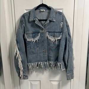 BiBi Blue Distressed Jean Jacket with Fringe